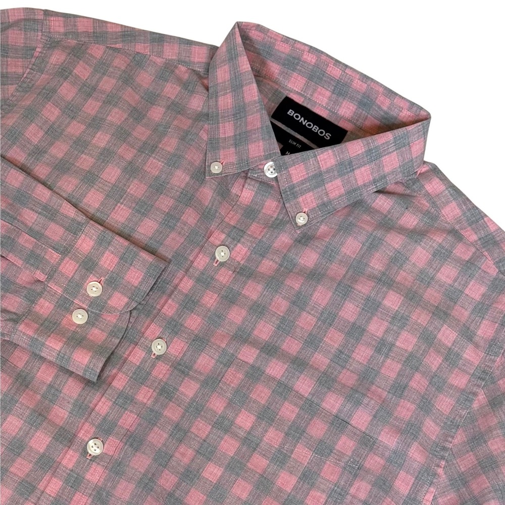 Bonobos Slim Fit Gingham Check Button Down Shirt Men's Size M Pink Grey Cotton